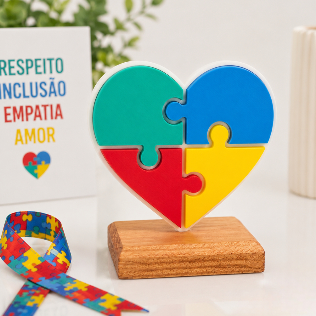 Coração Colorido Autismo 3D | Presente para Crianças e Famílias TEA | Decoração Inclusiva