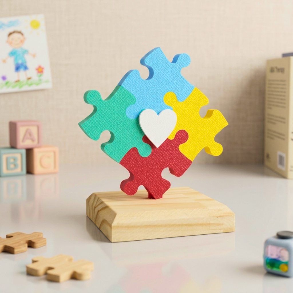 Enfeite Autismo com Base de Madeira | Decoração Mesa Psicologia TEA, ABA.
