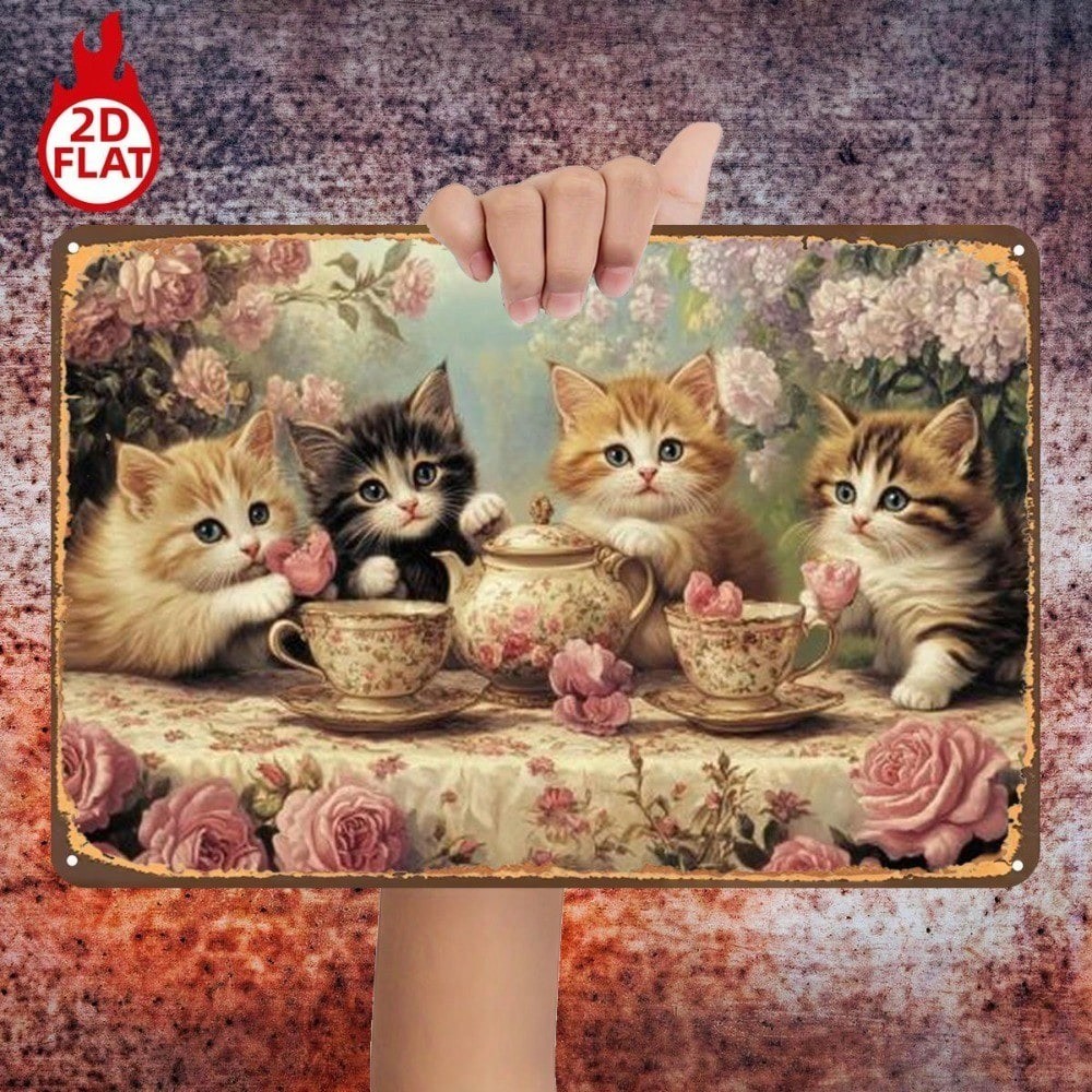 CIFbuy Cat Tea Party Sinal De Parede De Metal Rosa Decoração Vintage