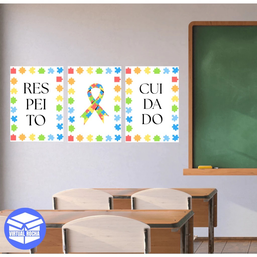 Kit 3 Peças Placa Quadros TEA Inclusão Símbolo Decorativos Escolar Infantil Autismo