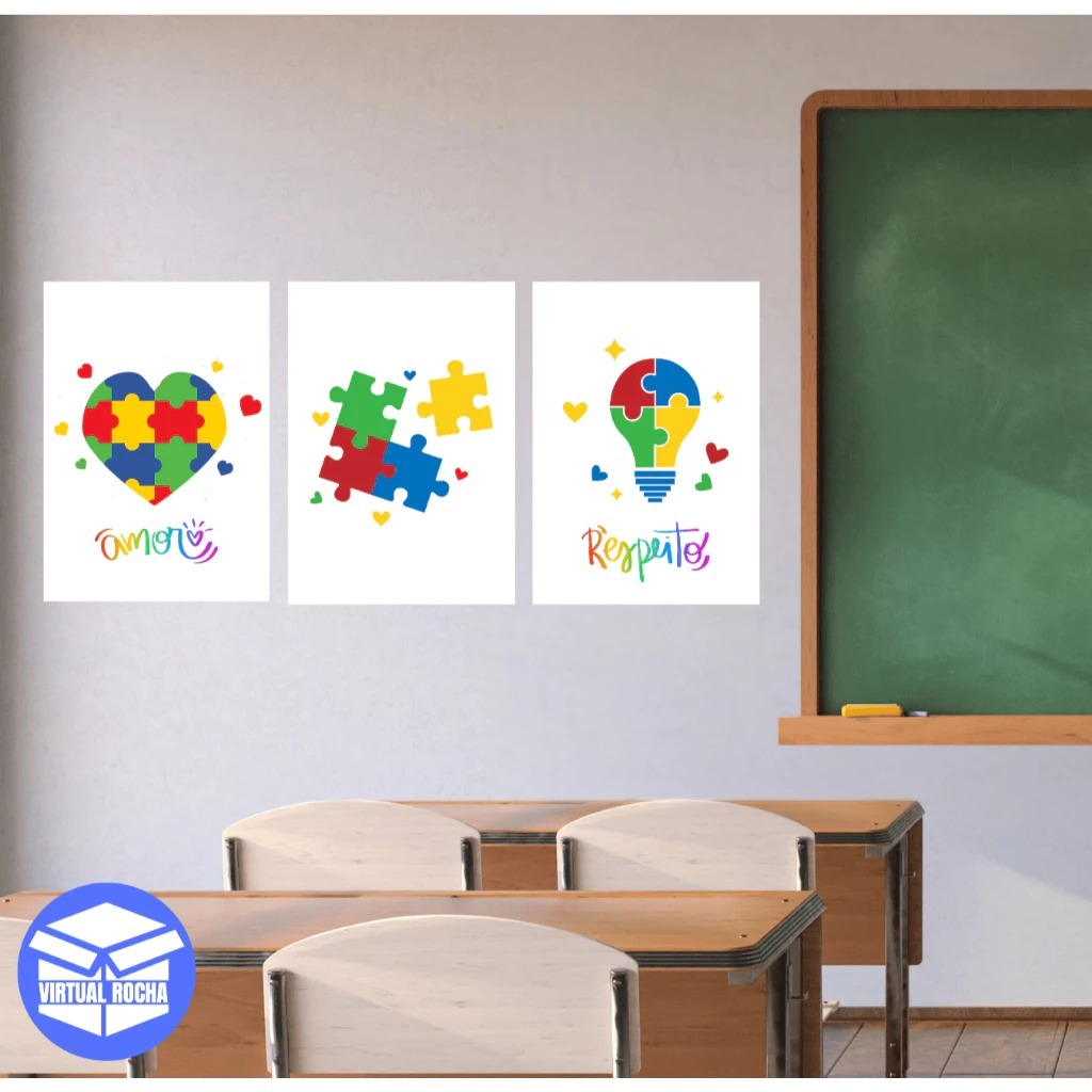 Kit 3 Peças Placa Quadros Autismo TEA Inclusão Decorativos Escolar Infantil Colorido