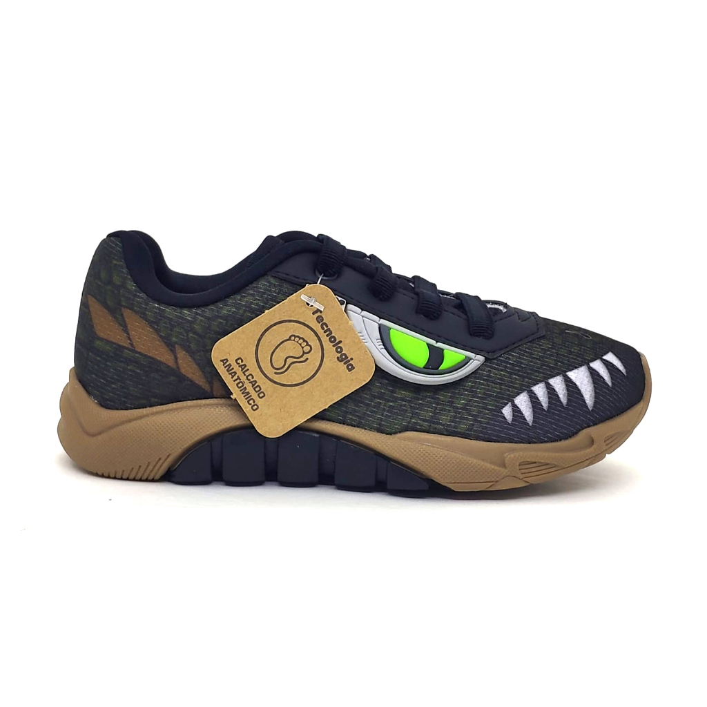 Tênis Mais Fantoche Dinossauro Kidy Infantil Cor Preto/Verde/Castanho - 39736
