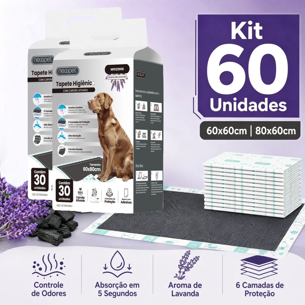 Newpet - 60 Units Hygienic Mat for Dogs 60x60cm 80x60cm Lavender Scent Activated Charcoal Super Absorbent