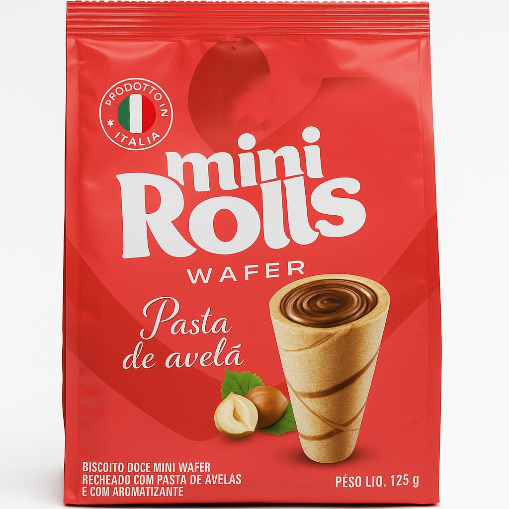 Biscoito Canudinho Wafer Italiano Tubinho Recheado de Pasta de Avelã Mini Rolls 125g