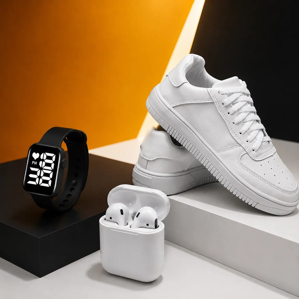 Kit Tênis Sapatenis Casual Air Macio Sneaker com Fone e Relógio