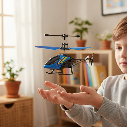 Kit 3 Helicópteros Voadores com Sensor de Mão e USB Mini Drone Helicóptero Brinquedo Led 19cm Azul Infantil Presente