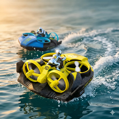 Carrinho Drone 3 em 1 Controle Remoto Água Terra Ar 360 RC Giro Amarelo Azul Brinquedo Infantil Presente