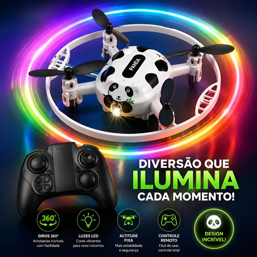 Mini Drone Infantil Panda com Luzes LED e Controle Remoto Branco Brinquedo Presente