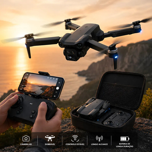 Drone Dobrável com Câmera Tripla HD e Controle Remoto Profissional Preto