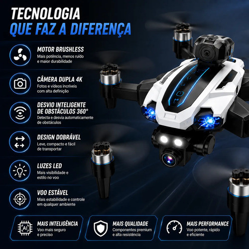 Drone com Câmera Dupla 4K Wi-Fi 2 Baterias e Maleta Profissional Wifi Branco
