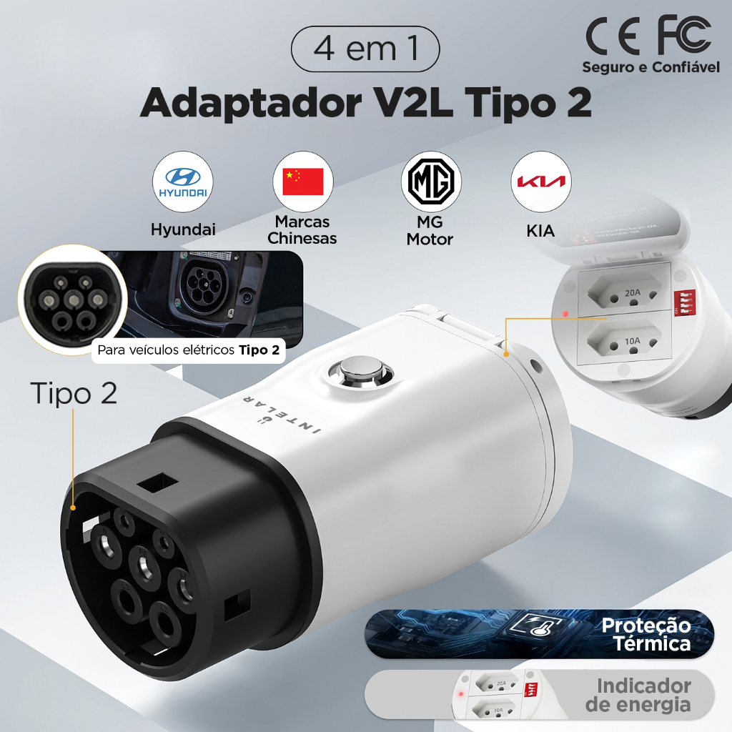 4 em 1 Adaptador Type2 V2L com interruptor de ajuste de potência para Hyundai BYD MG Motor KIA Volvo Tesla