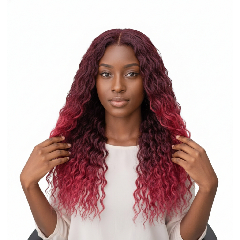 Cabelo Cacheado Semi Humano 70cm Marsala Fibra Russa na Tela Europeu