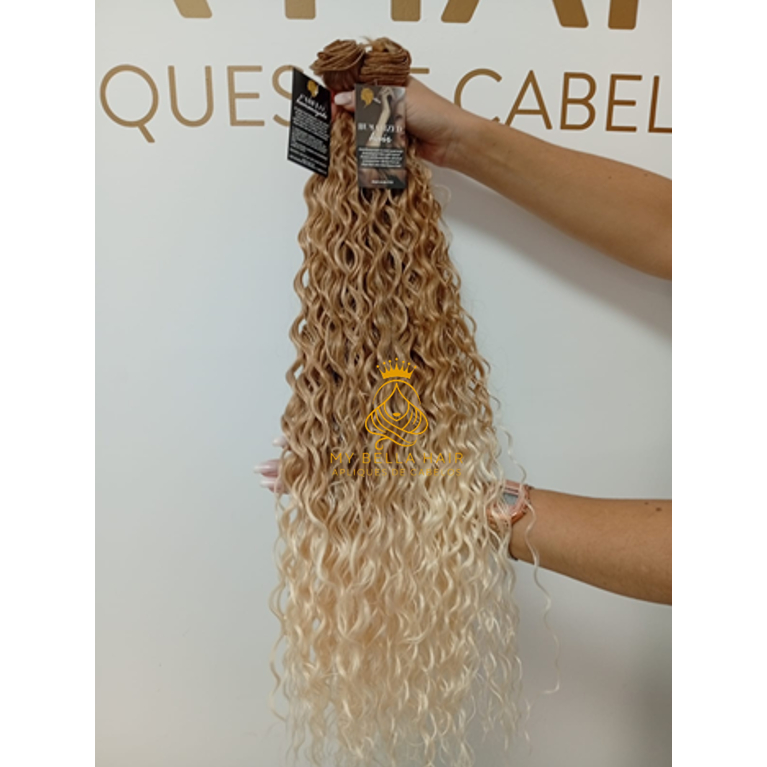 Cabelo Cacheado Semi Humano 60cm Loiro Perolado Fibra Russa na Tela Europeu