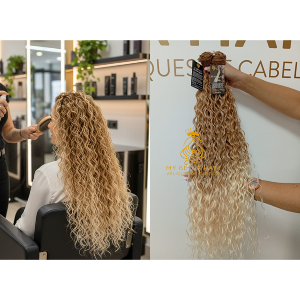 Aplique de Cabelo Europeu Semi Humano Natural Cacheado Loiro Perolado na Tela 50cm