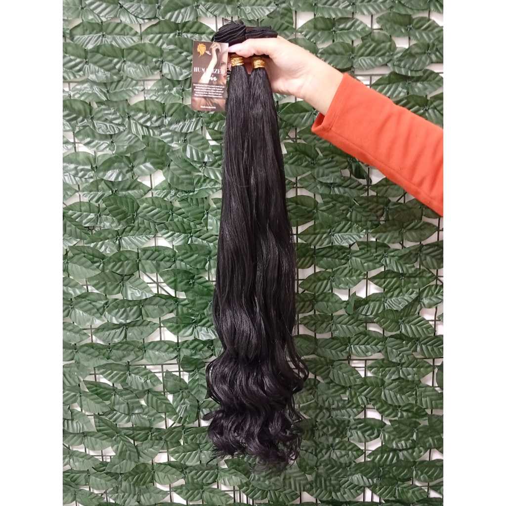 Aplique de Cabelo Europeu Semi Humano Natural Ondulado Preto na Tela 60cm