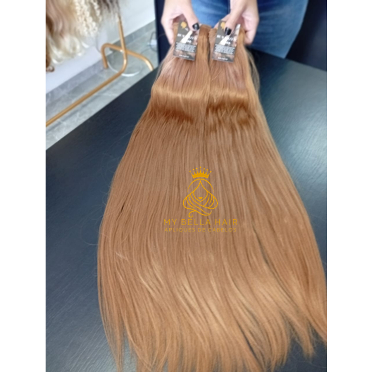 Aplique de Cabelo Europeu Semi Humano Natural Liso Mel Acobreado na Tela 70cm