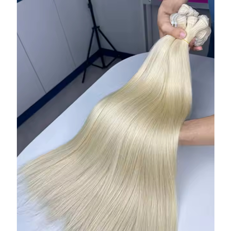 Aplique de Cabelo Europeu Semi Humano Natural Liso Loiro Claríssimo 613 na Tela 50cm