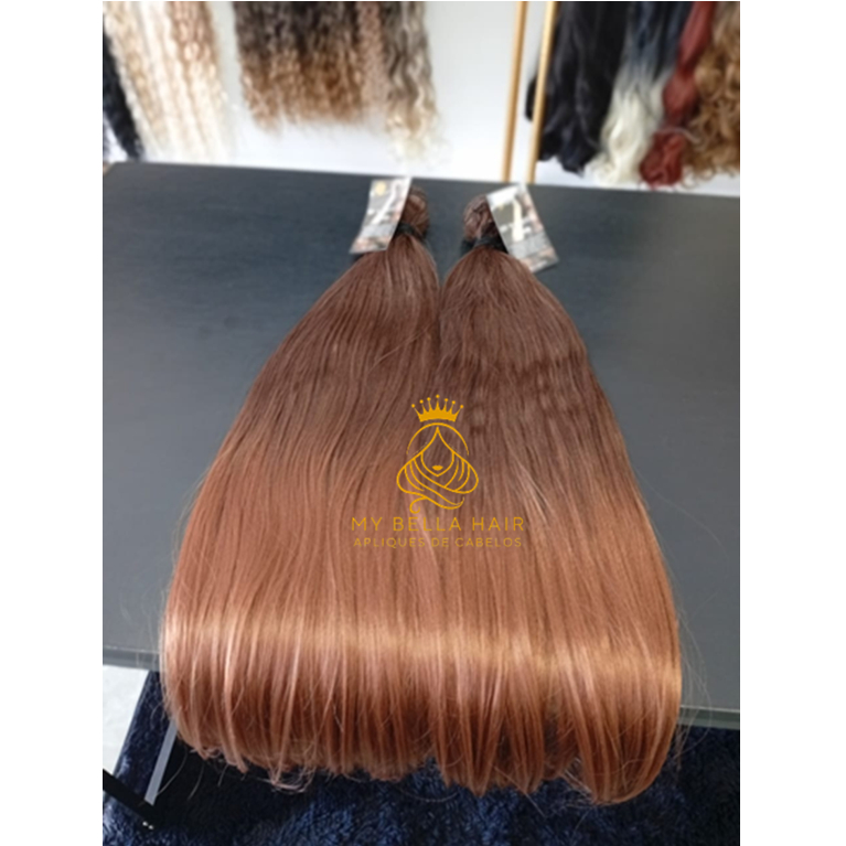 Aplique de Cabelo Europeu Semi Humano Natural Liso Castanho Médio Chocolate na Tela 70cm