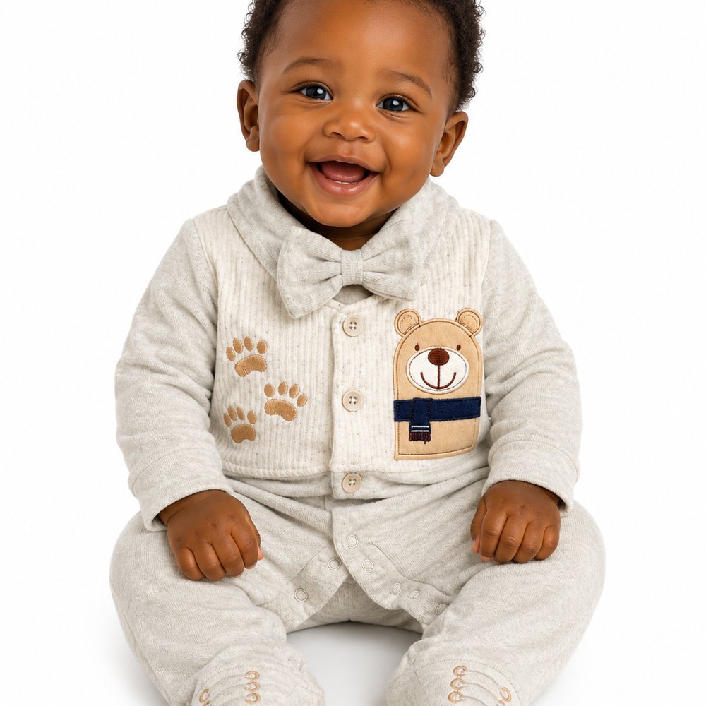 Macacão Bebê Menino Luxo Ursinho em Plush Mescla com Gravata Borboleta - M.Baby