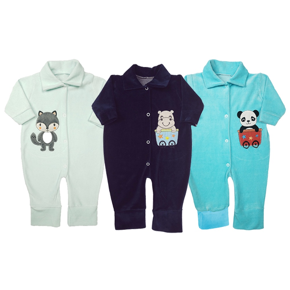 Kit 3 Peças Macacão Bebê Plush Quentinho Manga Longa Inverno