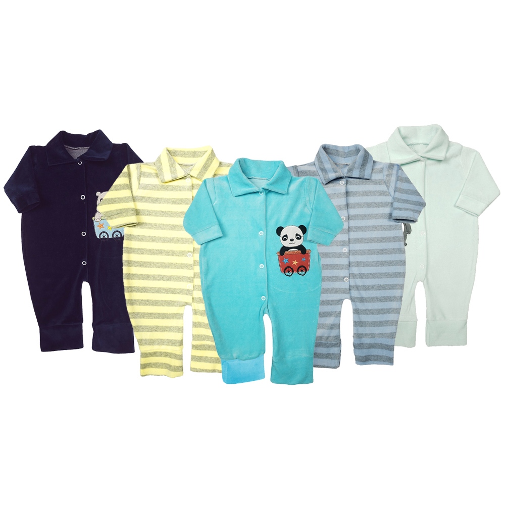 Kit 5 Peças Macacão Longo Bebê Plush Quentinho Fofinho Inverno
