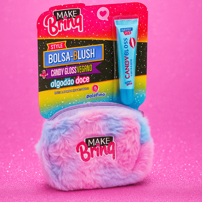 Kit Infantil Bolsa Pelúcia Plush Make Brinq com Gloss Brilhante Menina Presente Fofo Maquiagem