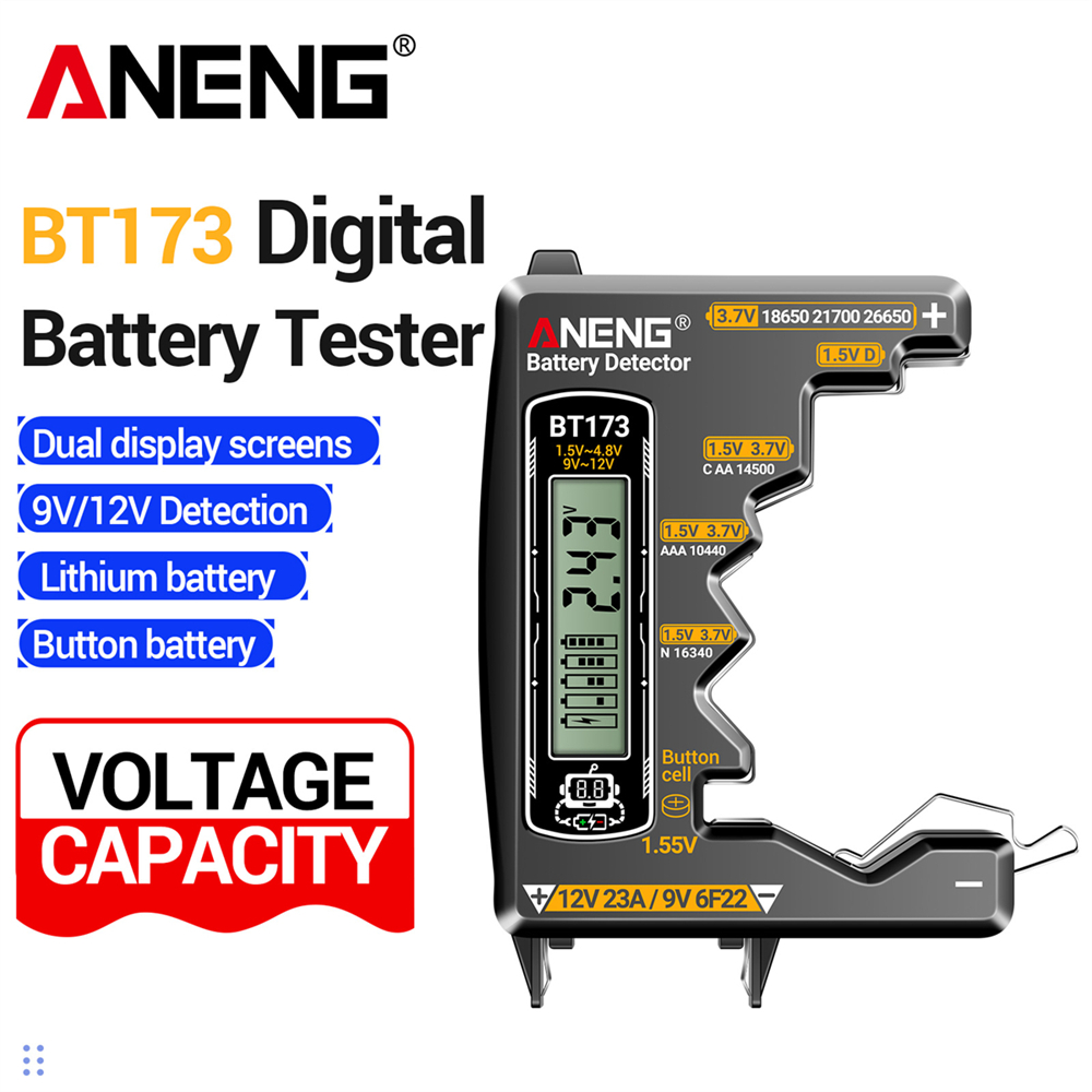 Testador de Bateria ANENG BT173, compatível com vários modelos universais: 18650/9V/12V23A/pilha botão/5/7; medição sem