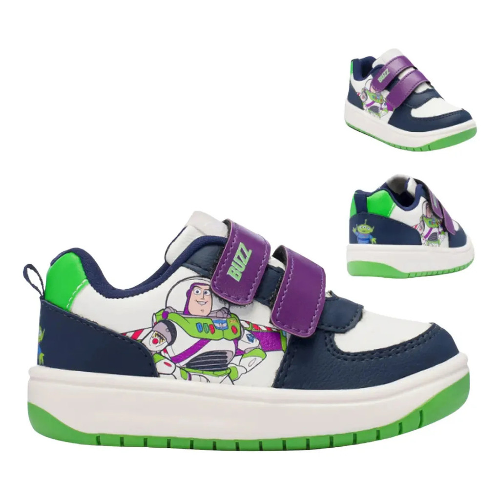 Tênis Infantil Menino Buzz Lightyear Dyan Toy Story Velcro Duplo Branco Verde Roxo