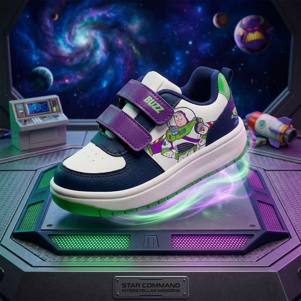 Tênis Buzz Lightyear Infantil Dyan Looping Toy Story Oficial Branco Verde Roxo Velcro Duplo Solado Antiderrapante