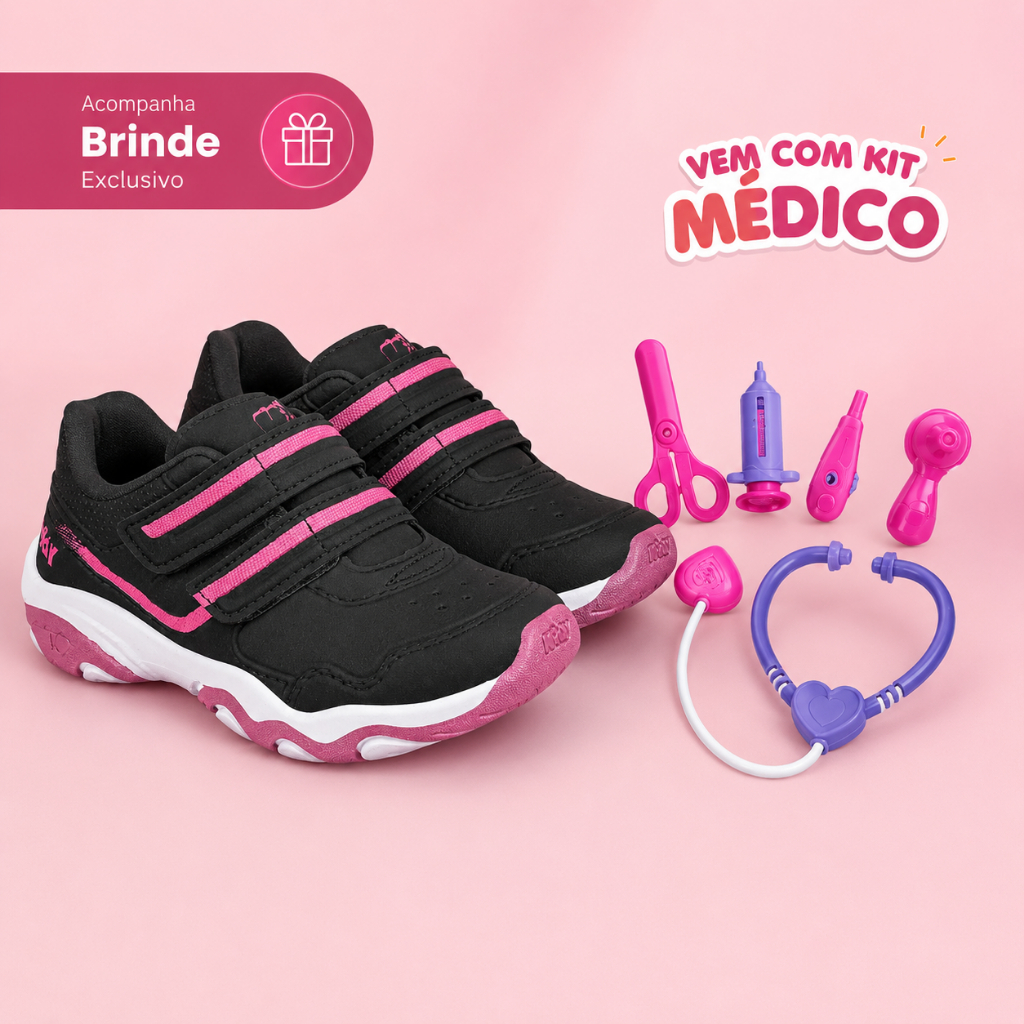 TÊNIS INFANTIL DE MENINA VELCRO SEM CADARÇO KIDY PLAY RESPITEC MACIO + BRINQUEDO