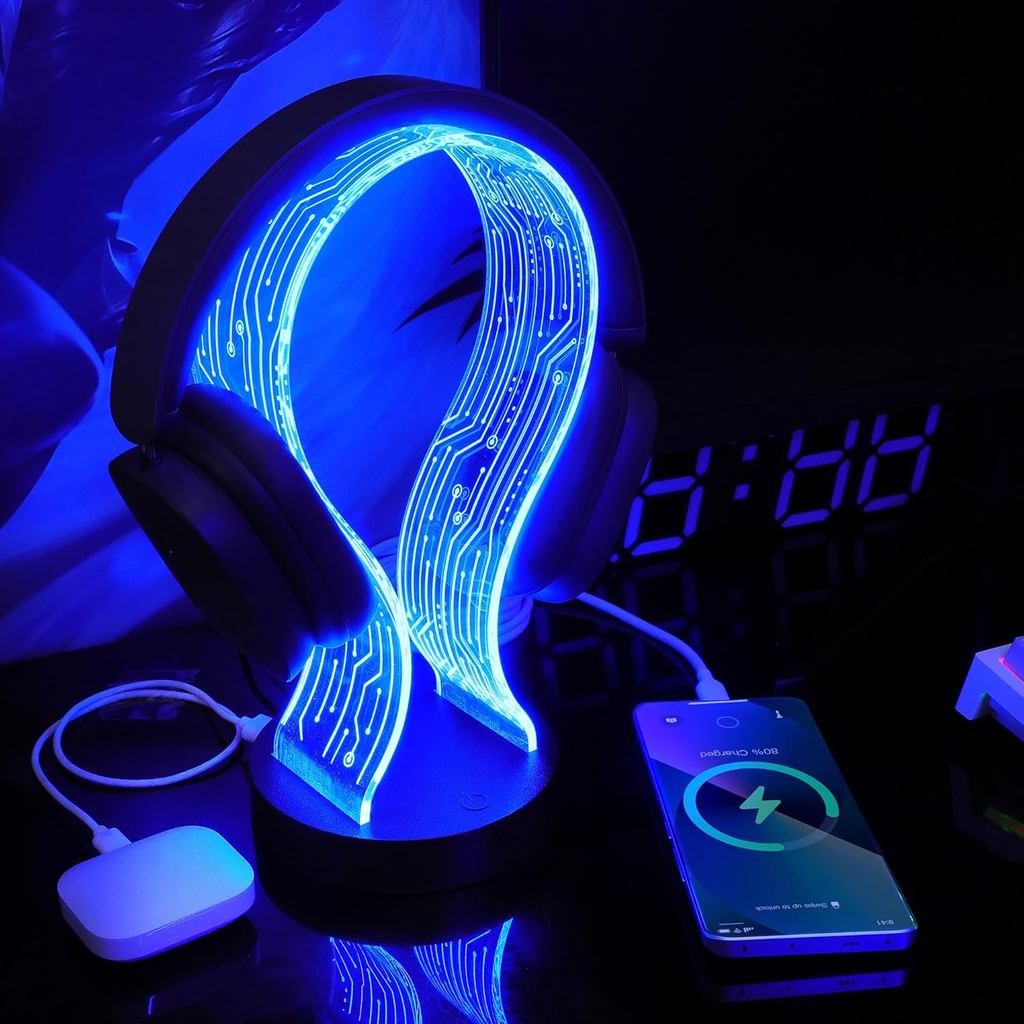 Lampeez Light Up Headphone Stand, Acrylic Desk Accessory Headset Holder with PCB Pattern and 16 Color LED Lights, 1 USB