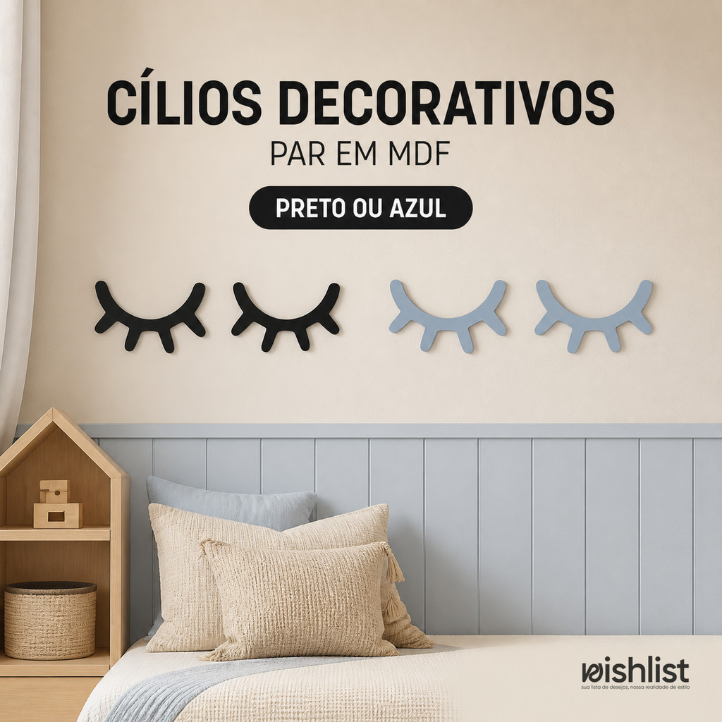 Par Cílios Decorativos MDF 14,5cm Preto ou Azul Para Parede Quarto Infantil