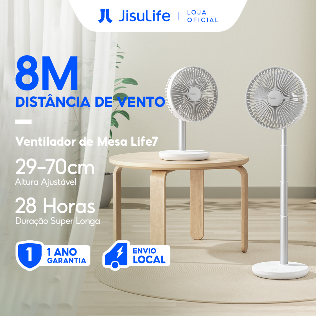 JISULIFE Ventilador de Mesa Retrátil 28H Duração Recarregável 8000mAh para Escritório/Casa (Table Fan Life7)