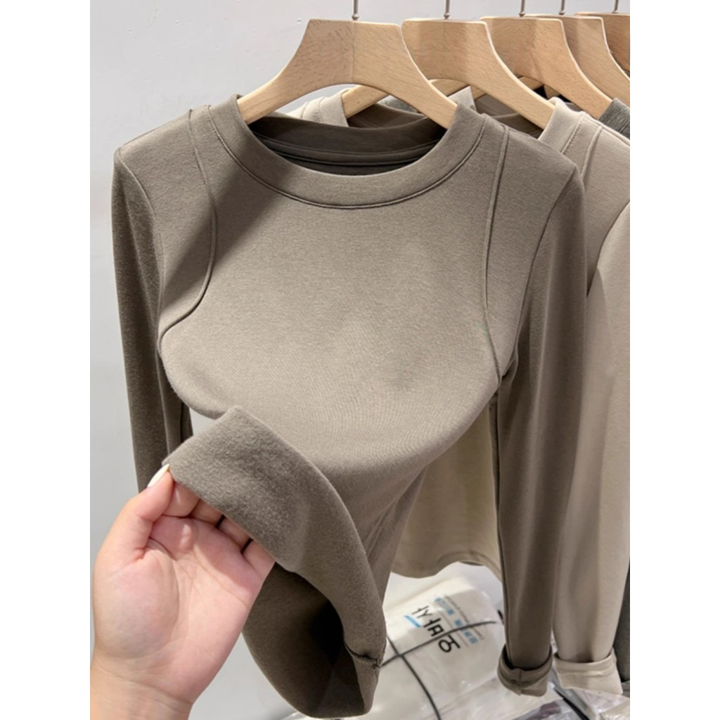 Simples escovado básico quente forro de lã camisa de fundo outono inverno novo estilo interior de manga comprida camiset