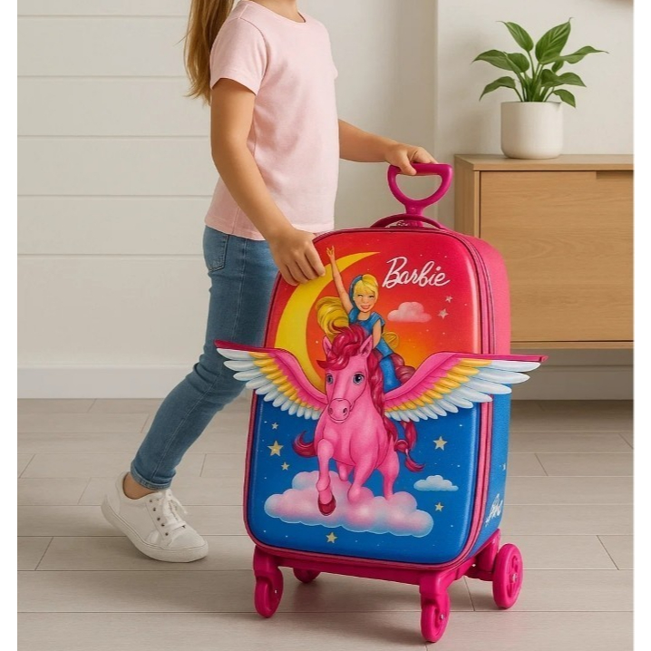 Mala Infantil Barbie Pegasus 3D Carrinho Rodinhas Colorida Viagem Passeio Escolar Boneca Asas