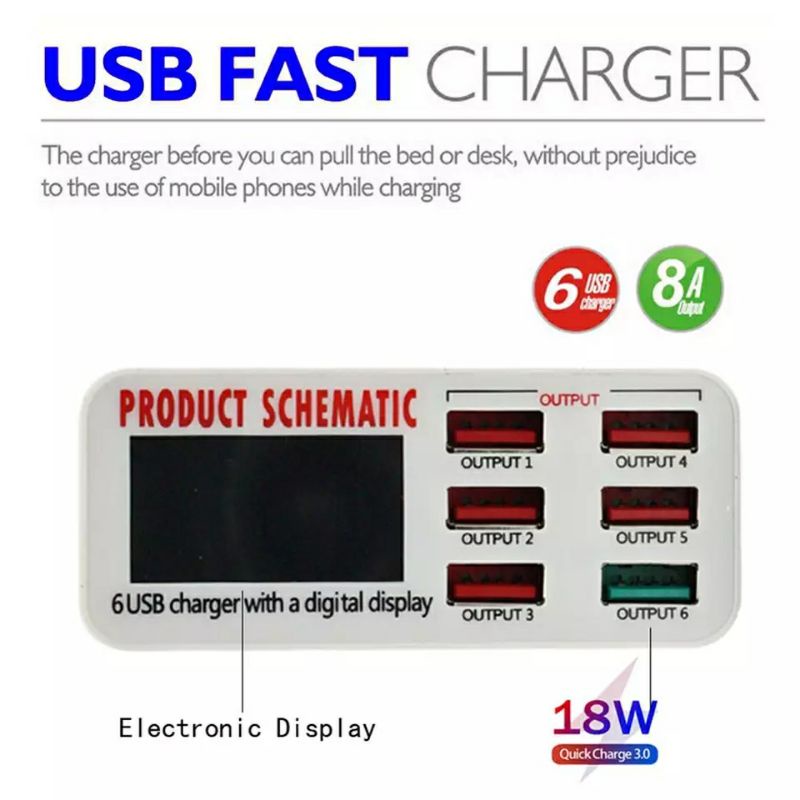 Carregador e Medidor de Corrente usb 6 portas  Schematic 40W com saída  turbo QC3.0