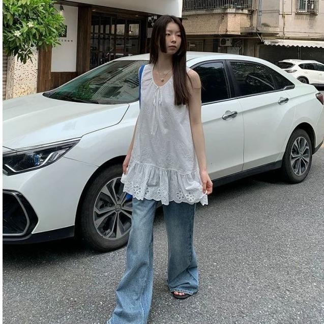 2026 verão Plus Size camisola 150kg gordura MM francês cor sólida oco High-End sem mangas All-Match topo