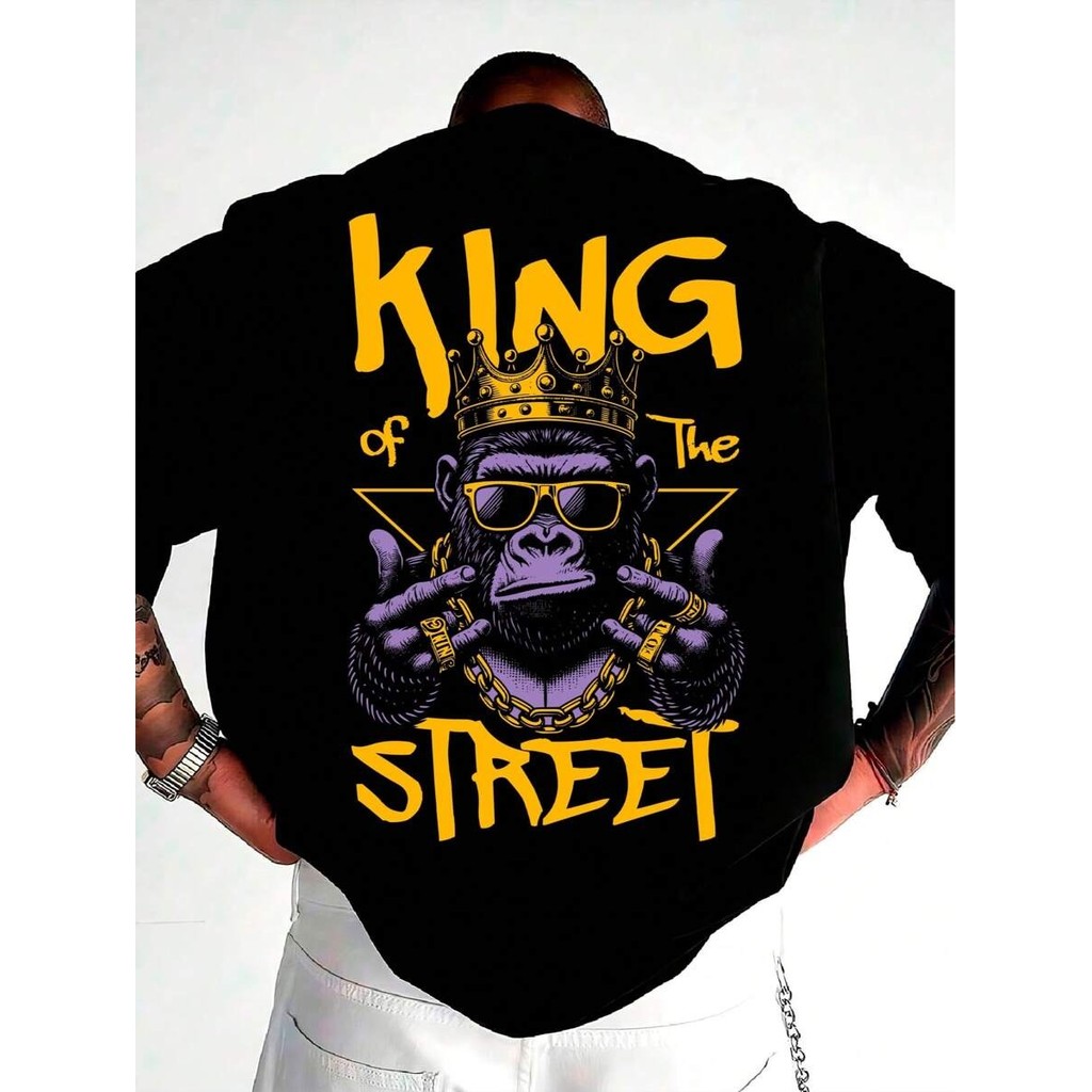 Camiseta Masculina Oversized Streetwear Gorilla King Lançamento Wearing Crown Estilo De Rua