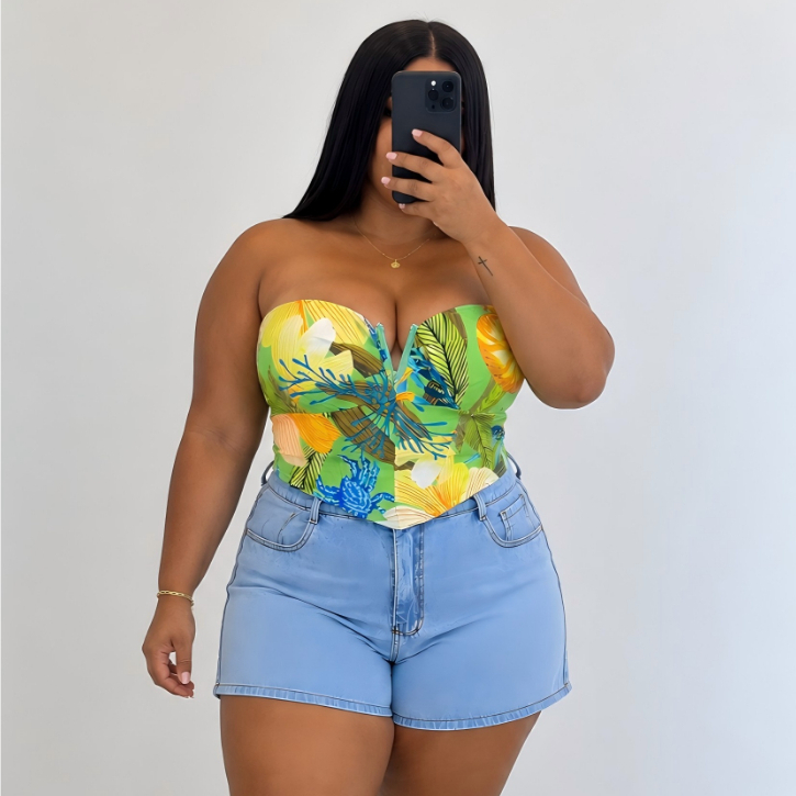 Cropped Rose Tomara que Caia Plus Size Veste 46 ao 52 Possui Bojo Estampado – Verão e Estilo