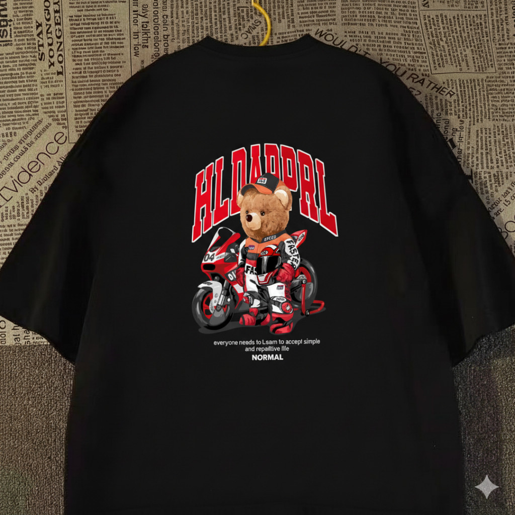 Camiseta Masculina Casual De Algodão Com Estampa De Um Urso Vestindo Macacão De Corrida E Pilotando Uma Motocicleta
