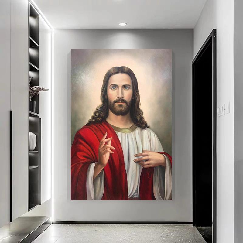 Quadro decorativo com o Filho de Deus vestindo túnica vermelha, ideal para o quarto
