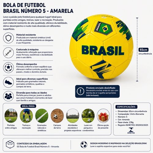 Bola Futebol Resistente Design Brasileiro Amarela Numero 5 Treino Jogo