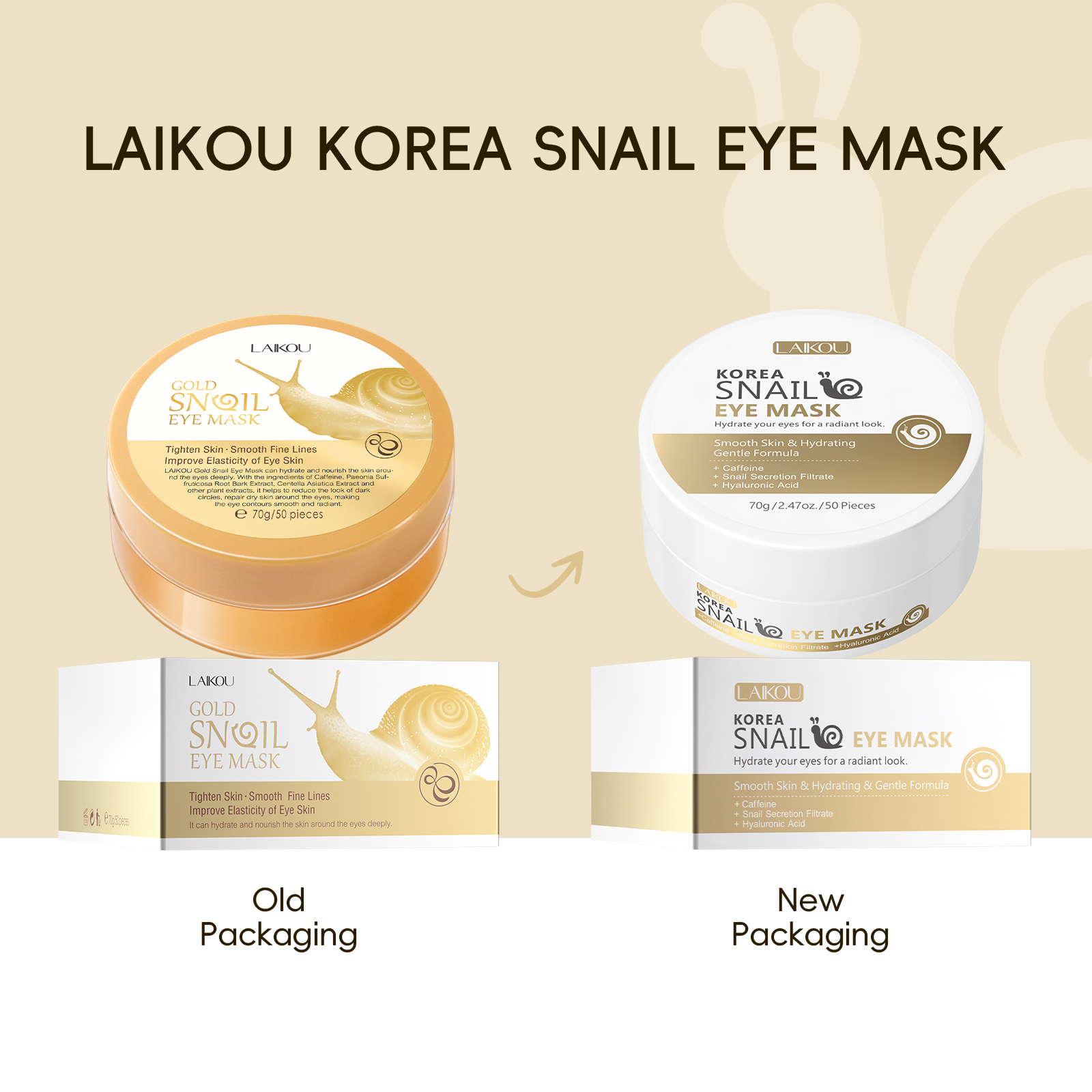 Novo Máscara de Olhos LAIKOU Ouro Caracol Remove Rugas e Olheiras Patches Anti-envelhecimento 50 peças