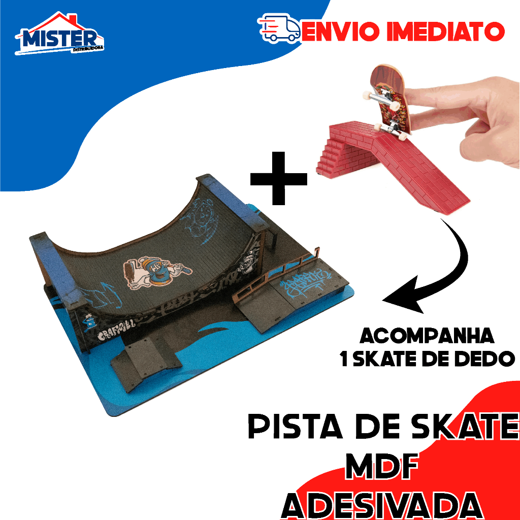 Pista Rampa Skate Dedo COM SKATE - MDF ADESIVADO Skate Park Rampa - Brinquedos De Dedo Fingerboard Azul