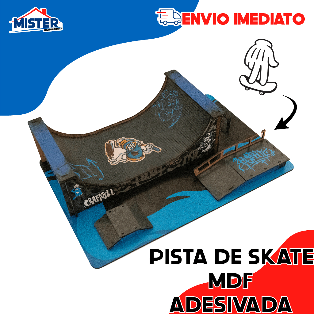Pista Rampa Skate Dedo MDF ADESIVADO Skate Park Rampa - Brinquedos De Dedo Fingerboard Azul