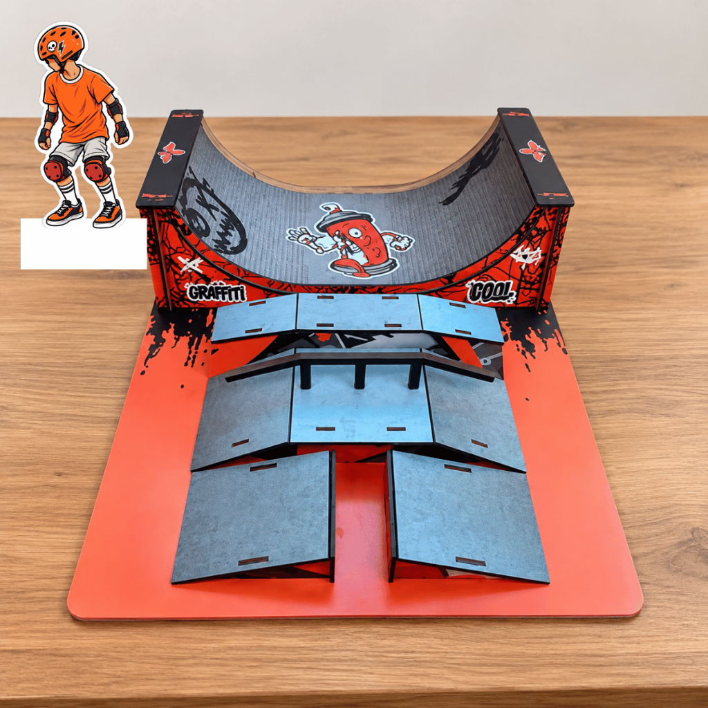 Pista Skate de Dedo Fingerboard Rampa MDF Adesivada Laranja com Boneco para Manobras