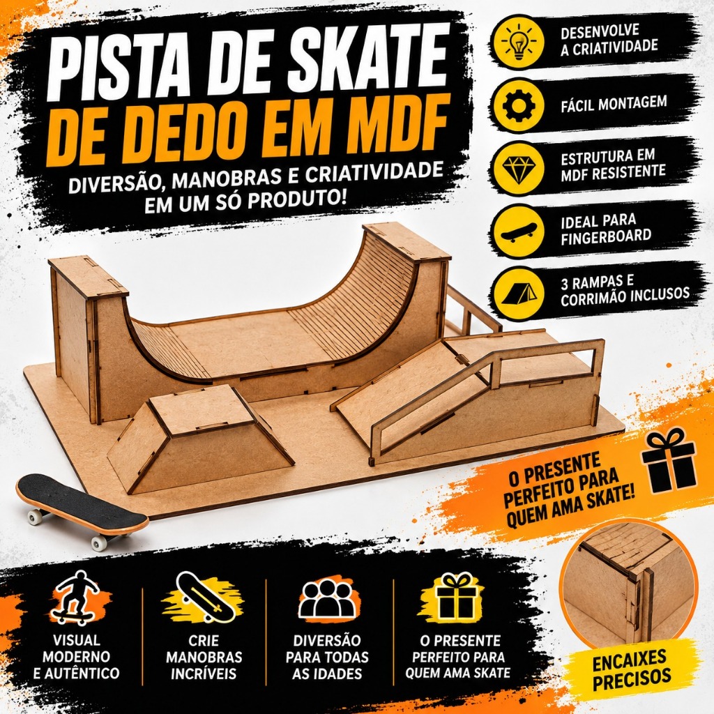 Pista de Skate FingerBoard em MDF Brinquedo Para Skate de Dedo Pista Rampa de Skate em MDF