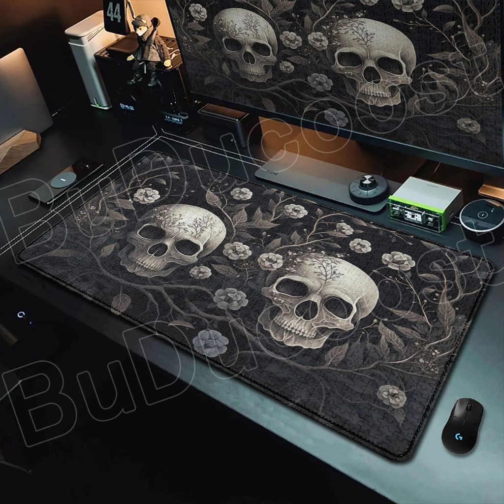 Mousepad Cinza Legal com Caveira e Flor, Fundo de Quebra-Cabeça, Mousepad Antiderrapante de Borracha, Acessórios de Mesa