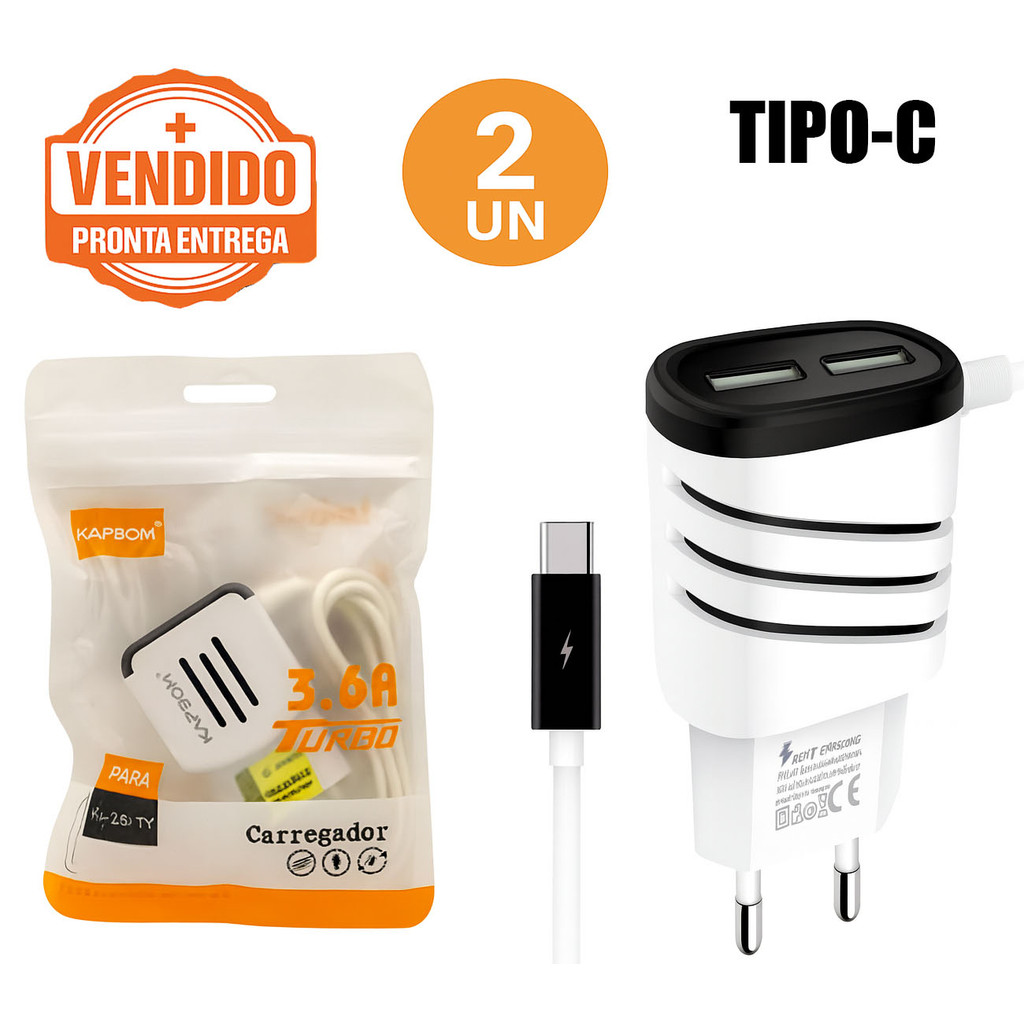 Kit 2 Carregador Celular Turbo 3.6A Tipo-C Rápido Turbo Bivolt Portátil P/ Smartphones e Tablet