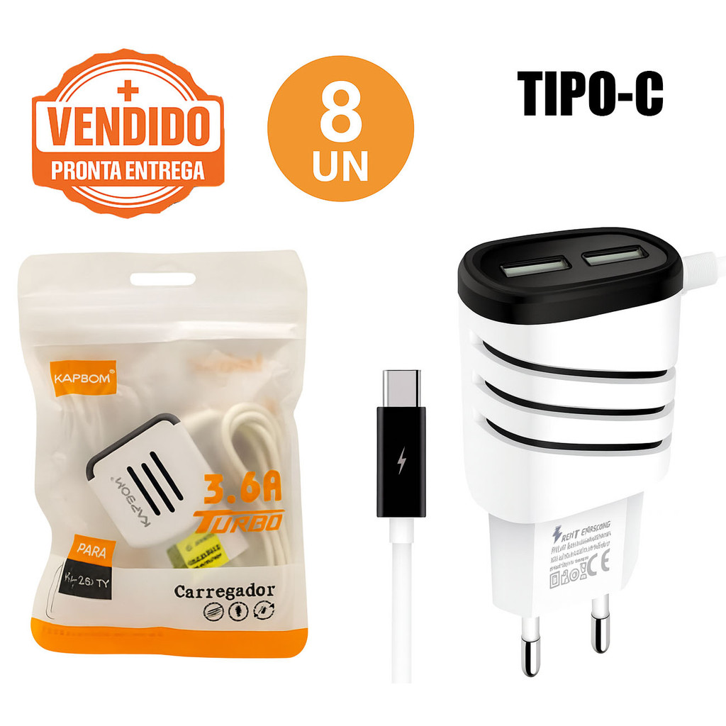 Kit 8 Carregador Celular Turbo 3.6A Tipo-C Rápido Turbo Bivolt Portátil P/ Smartphones e Tablet